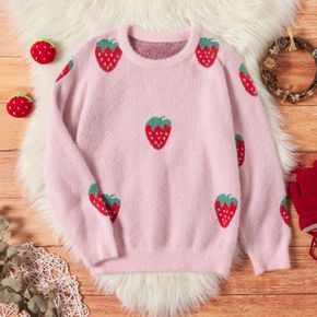 Kid Girl Strawberry Embroidered Fuzzy knit Sweater